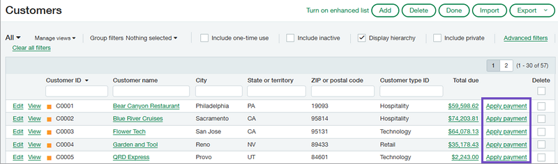 Apply payments from the Customers list