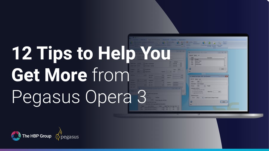 Pegasus Opera 3 tips blog header showing reporting, document management, Excel export, scheduling, workflows and finance features.