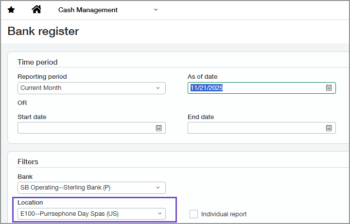 Entity location included automatically in Bank Register report