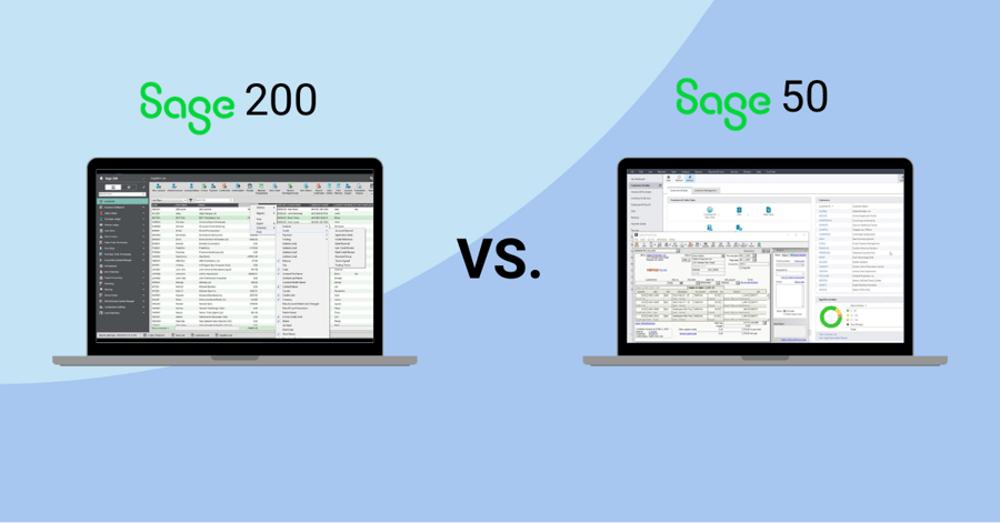 two laptops side by side with screenshots of Sage 200 on the left and Sage 50 on the right