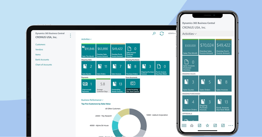 Blue background with an iPad and iPhone, both with screenshot of Microsoft Dynamics 365 Business Central on