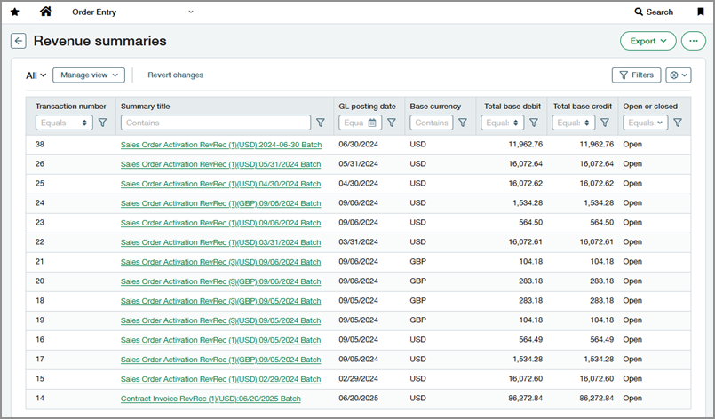 New revenue summaries list in Order Entry