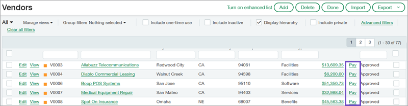 Pay bills from the Vendors list