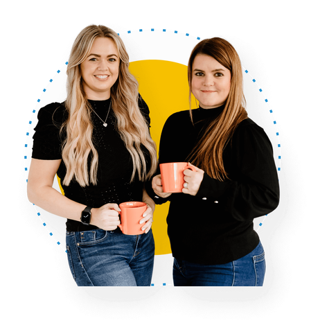 2 woman smiling with a branded graphic overlaid behind-2