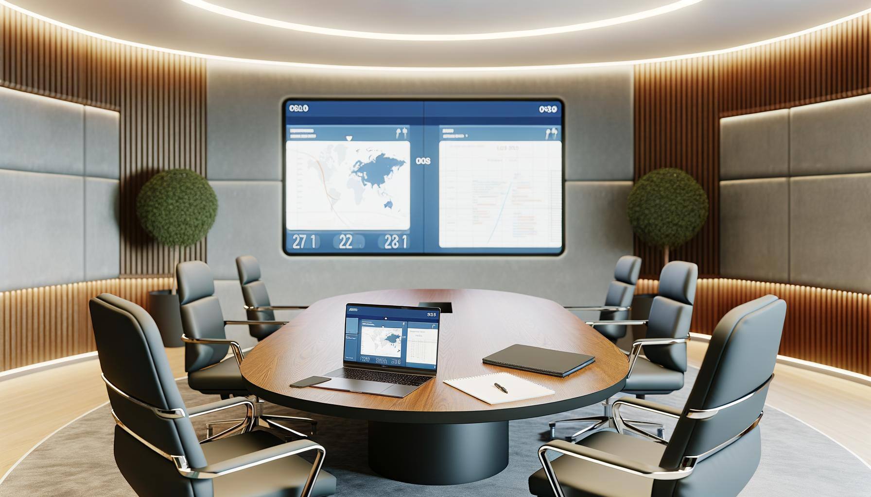 A contemporary corporate meeting room designed with a grand oval table at the center, encircled by stylish, comfort-driven chairs. A high-resolution s